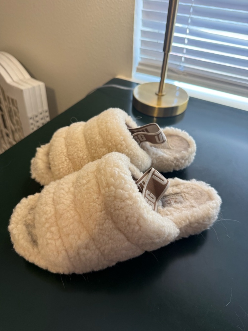 UGG Cream Faux Shearling Slide Slippers with Branded Strap